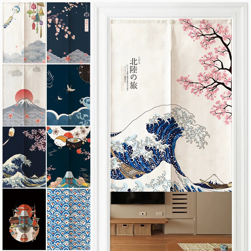Rideau de Porte Japonais en Lin | Motif Mont Fuji & Vagues | Cloison Intérieure – | Studio Nichijo Paris
