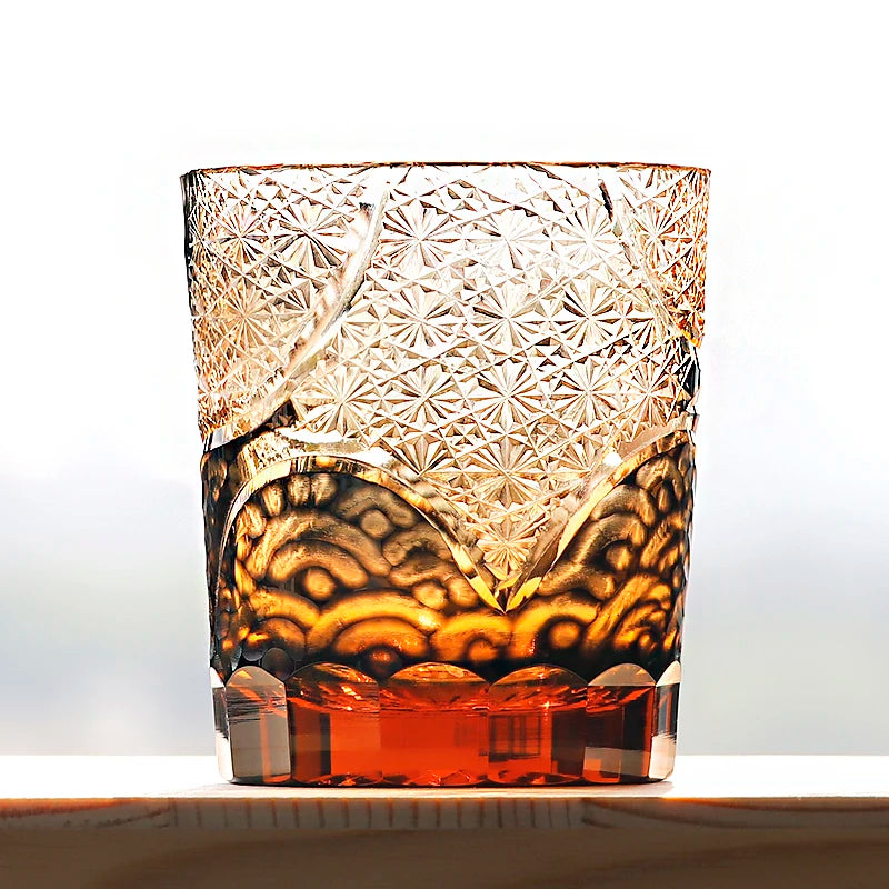 Verres à whisky Edo Kiriko de style japonais, multicolores, faits à la main, cylindriques, 240 ml, gravés, avec boîte cadeau – | Studio Nichijo Paris