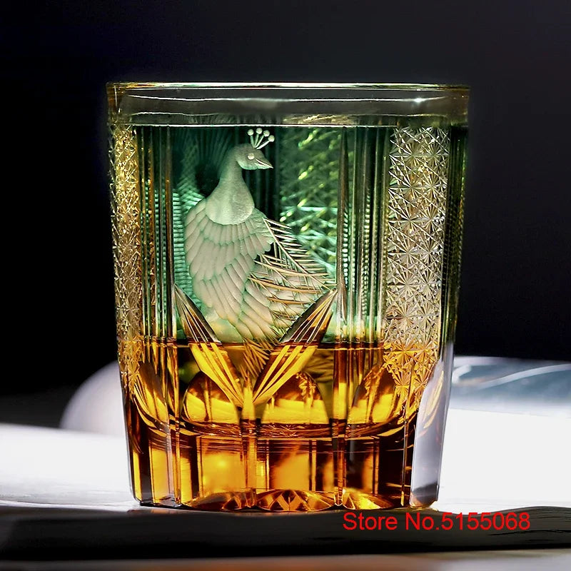 Verre Whisky Luxe Edo Kiriko Cristal Paon Vert Bleu 270 ml — Fabrication Artisanale – | Studio Nichijo Paris