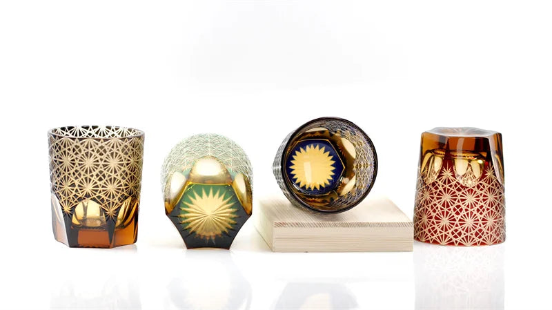 Verres à whisky Edo Kiriko de style japonais, multicolores, faits à la main, cylindriques, 240 ml, gravés, avec boîte cadeau – | Studio Nichijo Paris