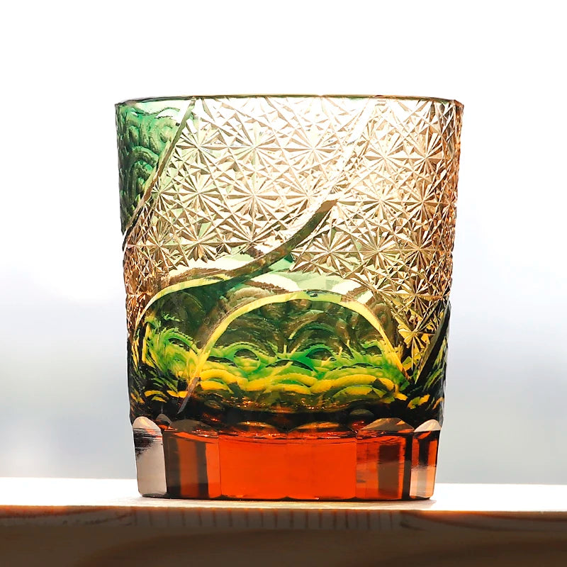 Verres à whisky Edo Kiriko de style japonais, multicolores, faits à la main, cylindriques, 240 ml, gravés, avec boîte cadeau – | Studio Nichijo Paris