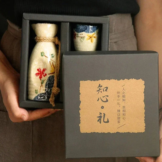 Service à Saké Japonais en Céramique | Bouteille & Tasses | Style Rétro Vintage