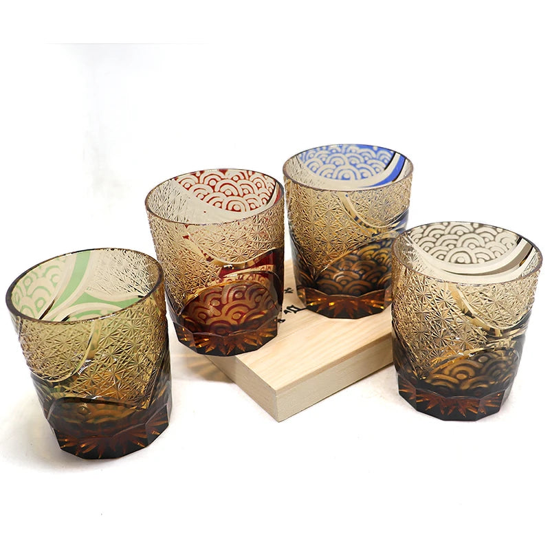 Verres à whisky Edo Kiriko de style japonais, multicolores, faits à la main, cylindriques, 240 ml, gravés, avec boîte cadeau – | Studio Nichijo Paris