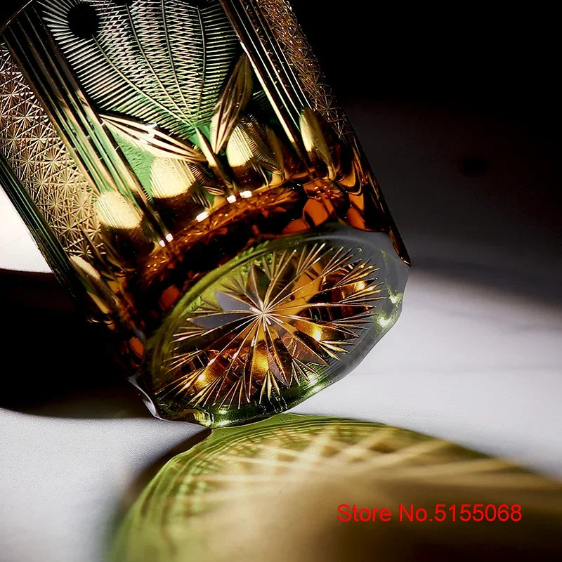 Verre Whisky Luxe Edo Kiriko Cristal Paon Vert Bleu 270 ml — Fabrication Artisanale – | Studio Nichijo Paris