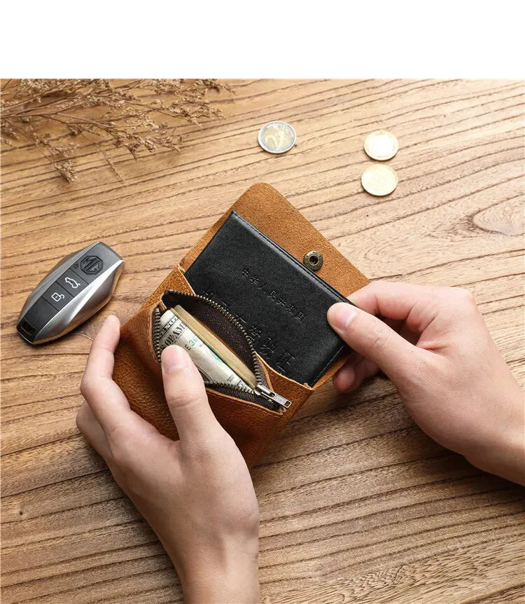 Portefeuille rétro fait à la main de style japonais pour hommes, cuir véritable, cuir de vachette, fermeture éclair courte, porte-monnaie, porte-cartes, petite poche à monnaie, sac d'argent – | Studio Nichijo Paris