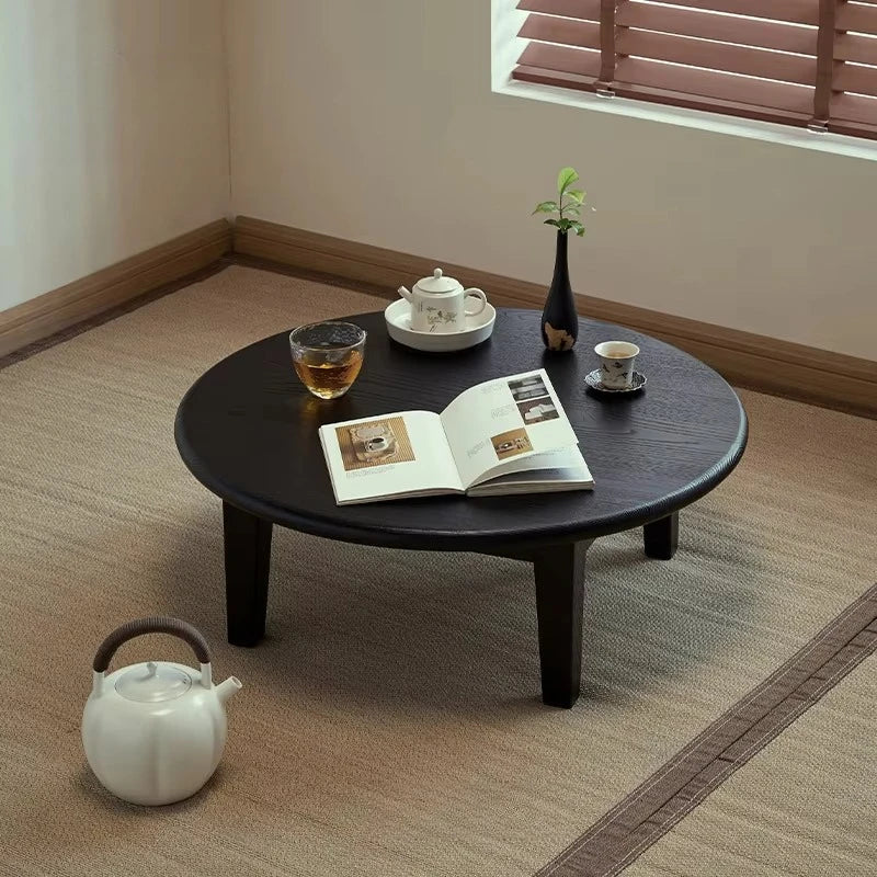 Table Thé Bois Massif Fait Main Ronde Wabi-Sabi Zen Baie Vitrée — Fabrication Artisanale – | Studio Nichijo Paris