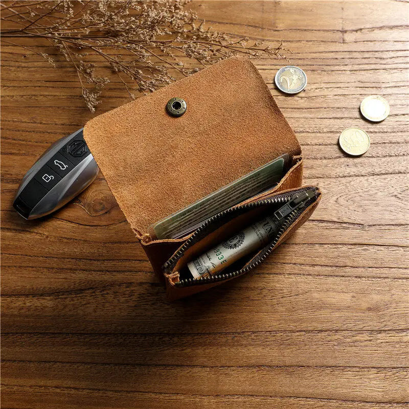 Portefeuille rétro fait à la main de style japonais pour hommes, cuir véritable, cuir de vachette, fermeture éclair courte, porte-monnaie, porte-cartes, petite poche à monnaie, sac d'argent – | Studio Nichijo Paris