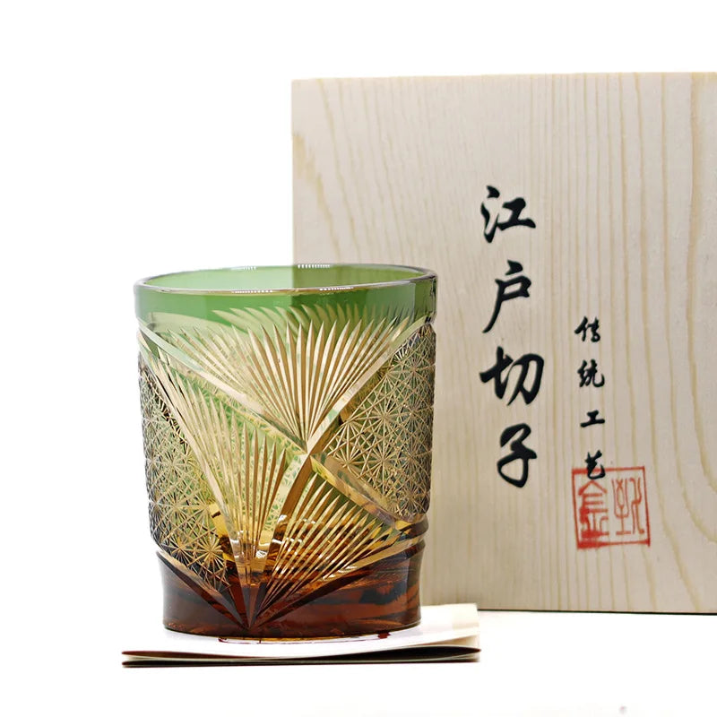 Verre Whisky Cristal Vintage Sculpté Main Éventail Japonais — Fabrication Artisanale – Vert | Studio Nichijo Paris