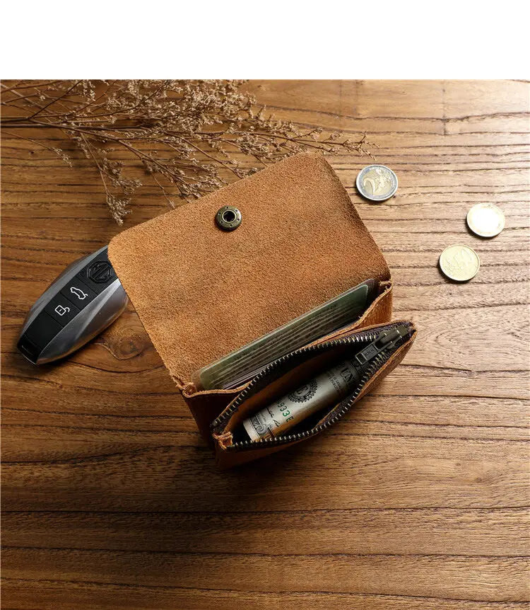 Portefeuille rétro fait à la main de style japonais pour hommes, cuir véritable, cuir de vachette, fermeture éclair courte, porte-monnaie, porte-cartes, petite poche à monnaie, sac d'argent – | Studio Nichijo Paris