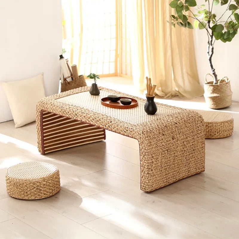 Table Thé Bois Massif Rotin Tressé Main Rectangulaire Rétro Kang — Fabrication Artisanale – | Studio Nichijo Paris