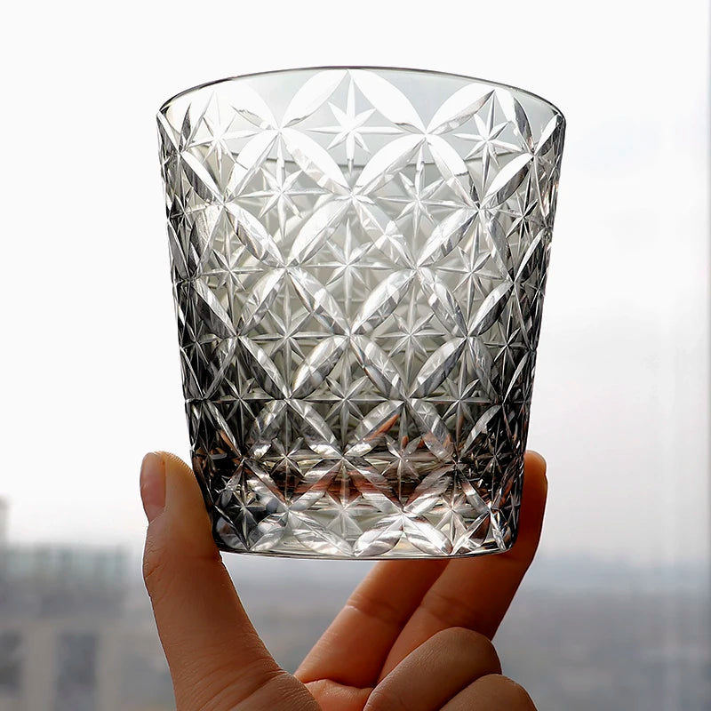 Verres à whisky Edo Kiriko de style japonais, multicolores, faits à la main, cylindriques, 240 ml, gravés, avec boîte cadeau – | Studio Nichijo Paris