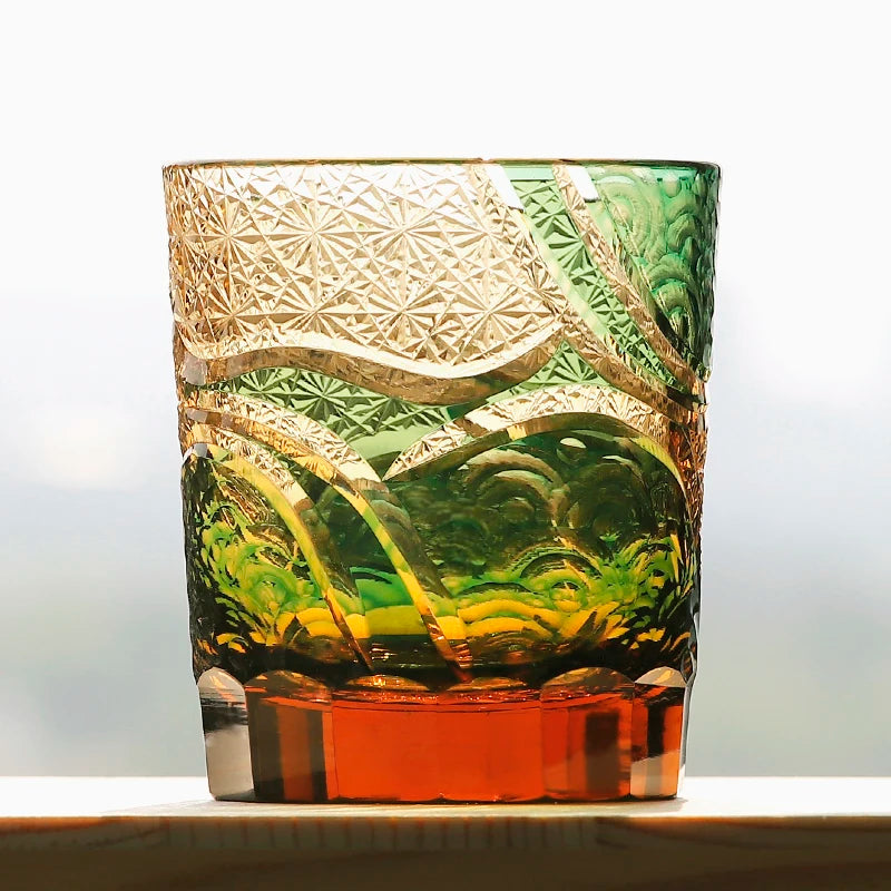 Verres à whisky Edo Kiriko de style japonais, multicolores, faits à la main, cylindriques, 240 ml, gravés, avec boîte cadeau – | Studio Nichijo Paris