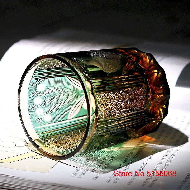 Verre Whisky Luxe Edo Kiriko Cristal Paon Vert Bleu 270 ml — Fabrication Artisanale – | Studio Nichijo Paris