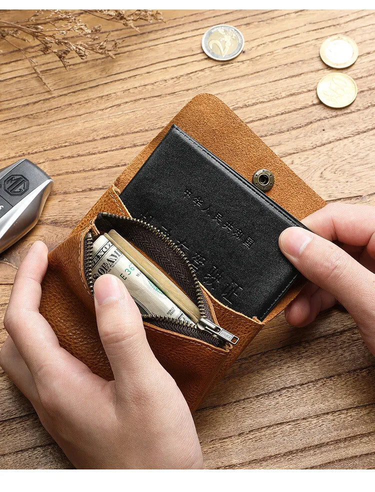 Portefeuille rétro fait à la main de style japonais pour hommes, cuir véritable, cuir de vachette, fermeture éclair courte, porte-monnaie, porte-cartes, petite poche à monnaie, sac d'argent – | Studio Nichijo Paris