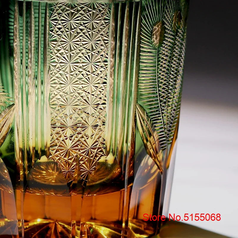 Verre Whisky Luxe Edo Kiriko Cristal Paon Vert Bleu 270 ml — Fabrication Artisanale – | Studio Nichijo Paris