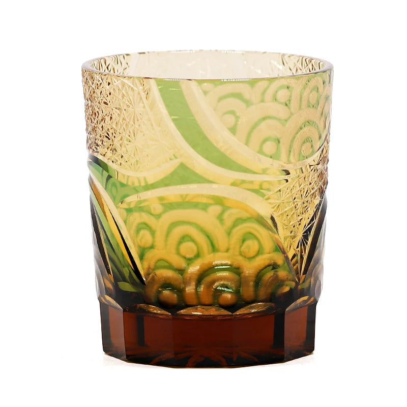 Verres à whisky Edo Kiriko de style japonais, multicolores, faits à la main, cylindriques, 240 ml, gravés, avec boîte cadeau – Green And Amber 201-300 ml | Studio Nichijo Paris