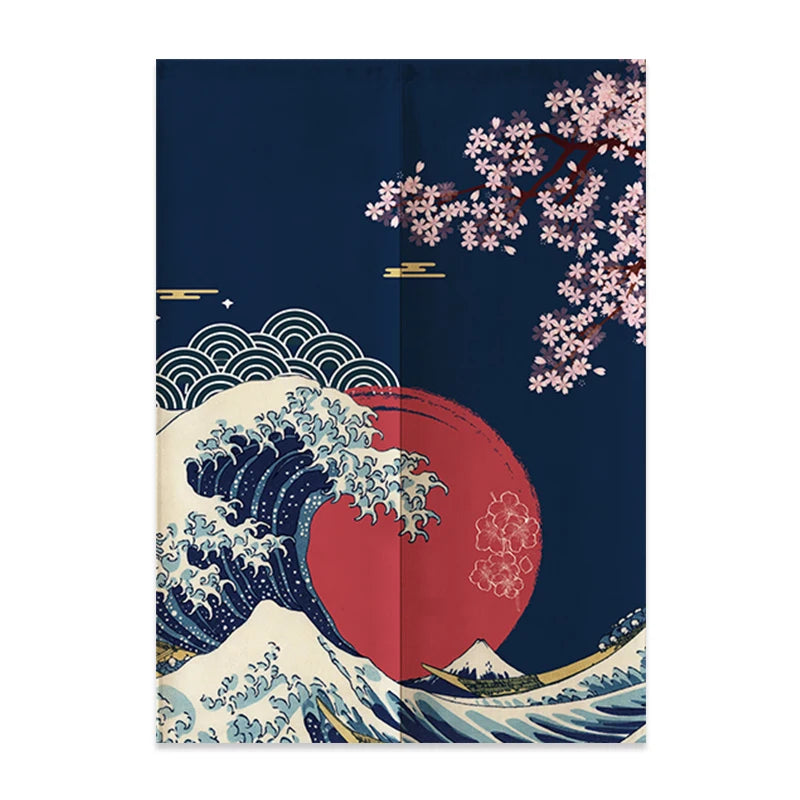 Rideau de Porte Japonais en Lin | Motif Mont Fuji & Vagues | Cloison Intérieure – | Studio Nichijo Paris