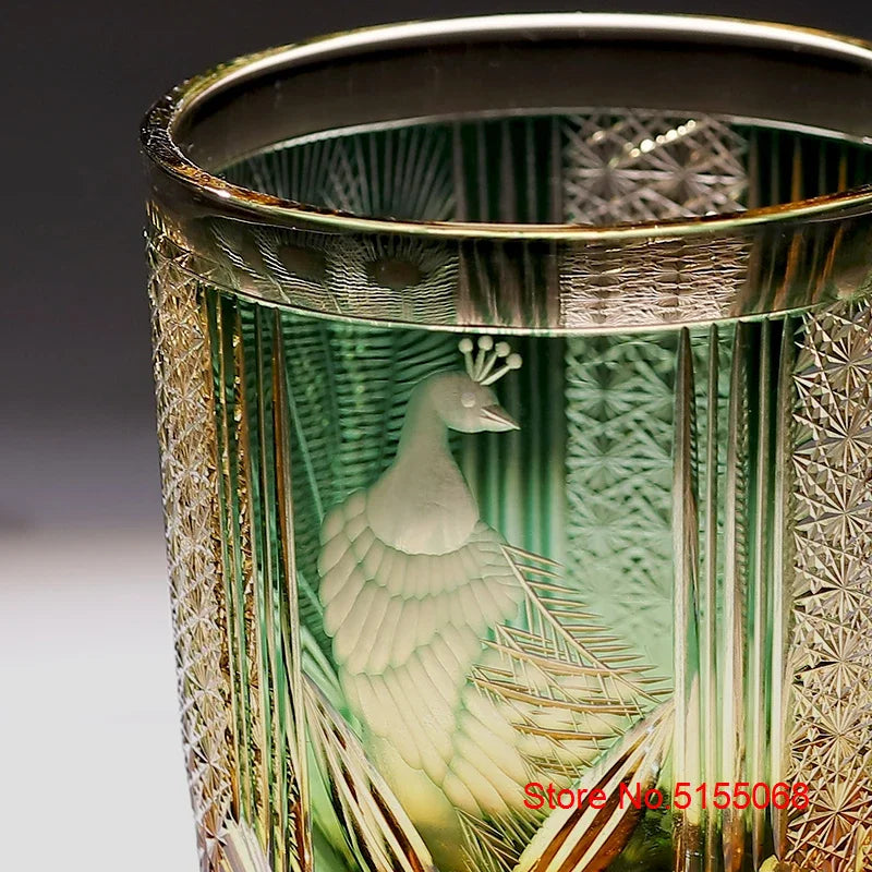 Verre Whisky Luxe Edo Kiriko Cristal Paon Vert Bleu 270 ml — Fabrication Artisanale – | Studio Nichijo Paris