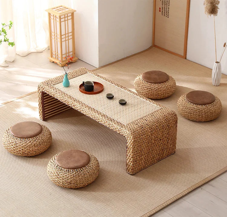 Table Thé Bois Massif Rotin Tressé Main Rectangulaire Rétro Kang — Fabrication Artisanale – | Studio Nichijo Paris