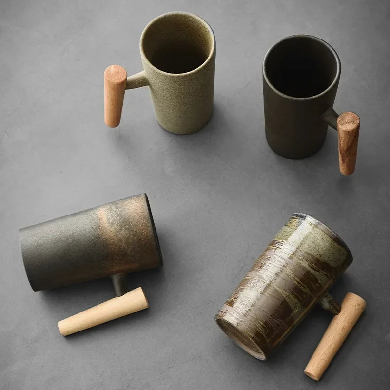 Tasse à café en grès faite à la main – Style japonais vintage, manche en bois – | Studio Nichijo Paris
