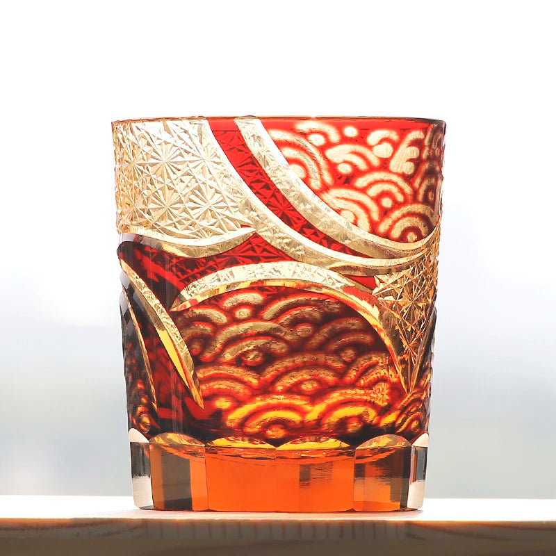 Verres à whisky Edo Kiriko de style japonais, multicolores, faits à la main, cylindriques, 240 ml, gravés, avec boîte cadeau – | Studio Nichijo Paris