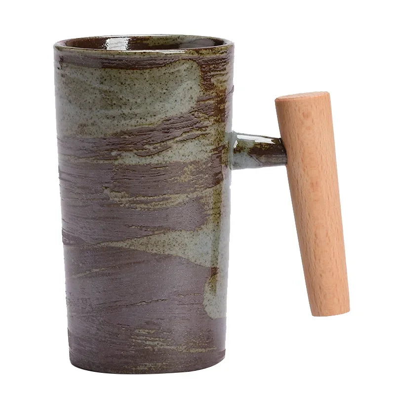 Tasse à café en grès faite à la main – Style japonais vintage, manche en bois – | Studio Nichijo Paris