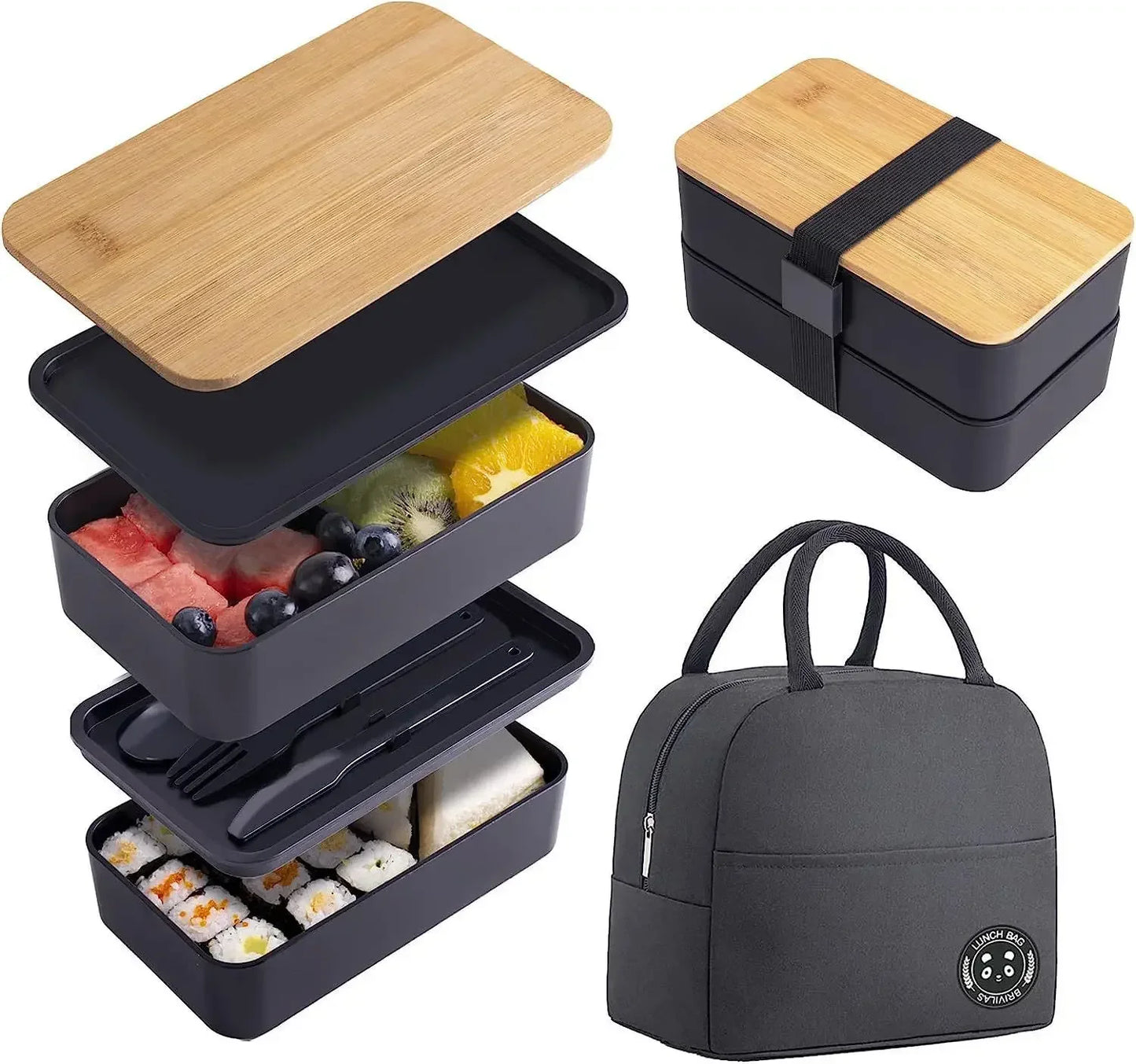 Bento Bois 1200ml – Boîte Repas Micro-ondes Double Couche – Set Bento couleur noire | Studio Nichijo Paris