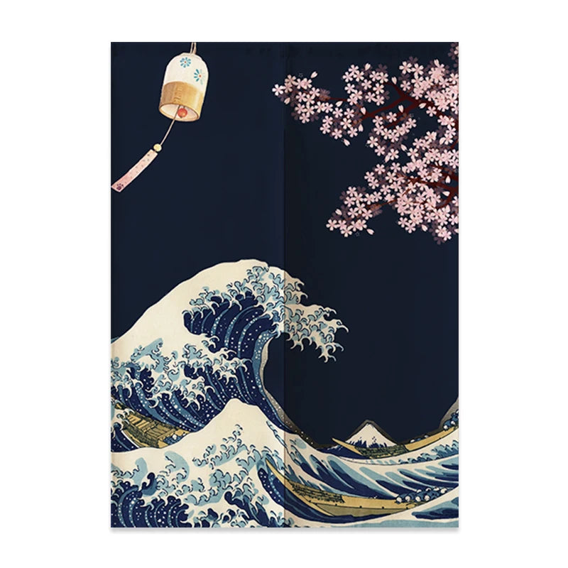 Rideau de Porte Japonais en Lin | Motif Mont Fuji & Vagues | Cloison Intérieure – Mushin | Studio Nichijo Paris