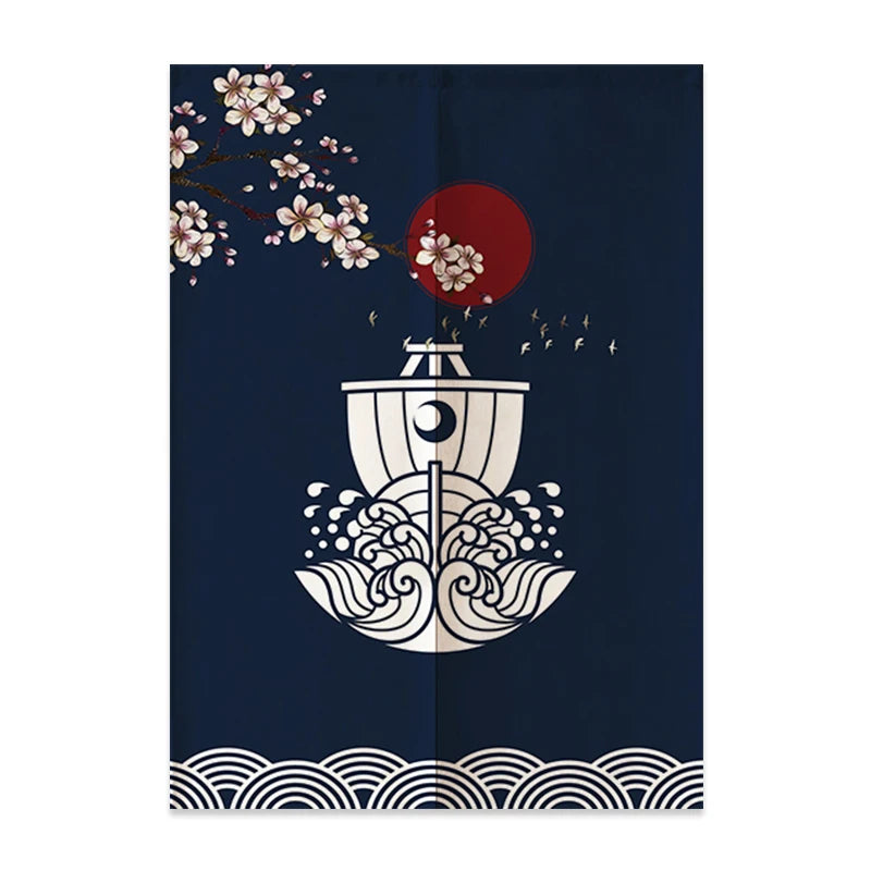 Rideau de Porte Japonais en Lin | Motif Mont Fuji & Vagues | Cloison Intérieure – Seijaku | Studio Nichijo Paris