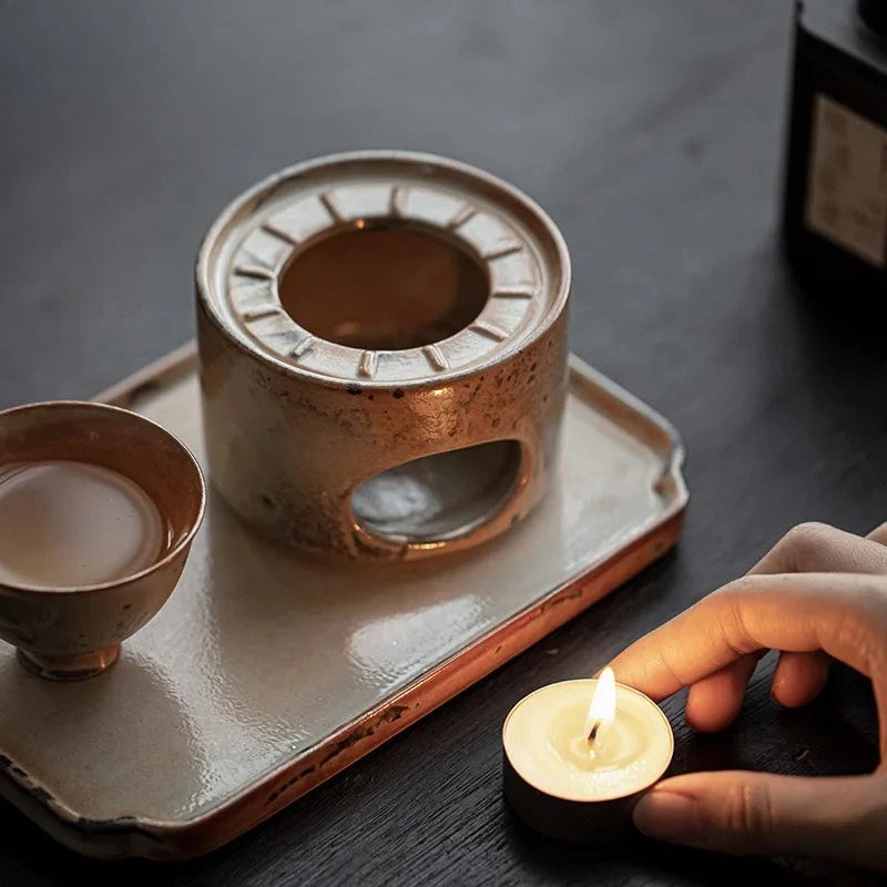Réchaud Thé Porcelaine Cuite Bois Fait Main Encre Bougie Support Bouilloire — Fabrication Artisanale – | Studio Nichijo Paris
