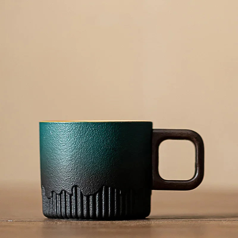 Tasse Thé Grès Poignée Bois Glaçure Réactive Mug Vintage 80 ml — Fabrication Artisanale – Vert | Studio Nichijo Paris
