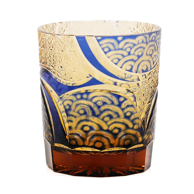 Verres à whisky Edo Kiriko de style japonais, multicolores, faits à la main, cylindriques, 240 ml, gravés, avec boîte cadeau – Blue And Amber 201-300 ml | Studio Nichijo Paris