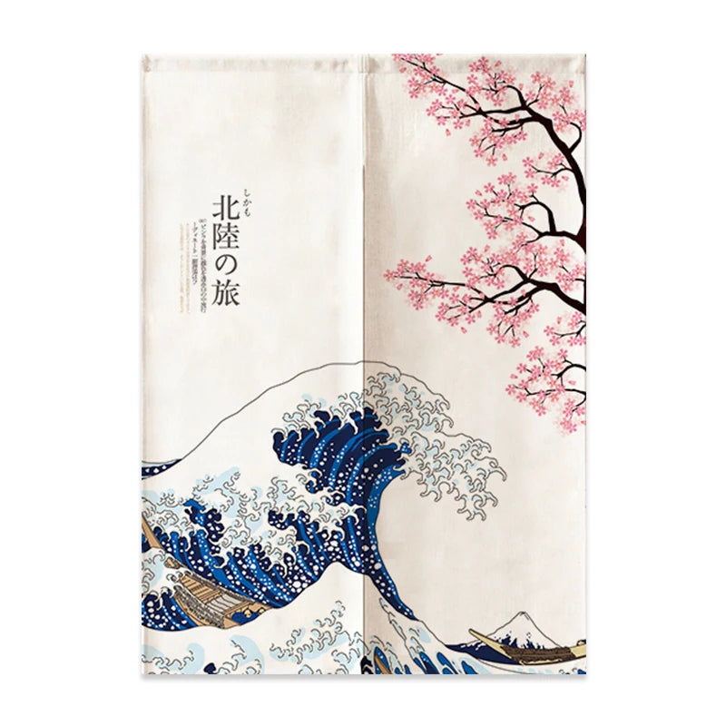 Rideau de Porte Japonais en Lin | Motif Mont Fuji & Vagues | Cloison Intérieure – | Studio Nichijo Paris