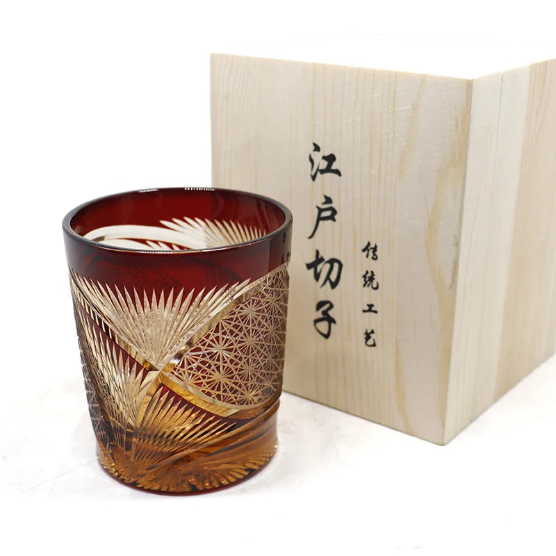 Verre Whisky Cristal Vintage Sculpté Main Éventail Japonais — Fabrication Artisanale – Rouge | Studio Nichijo Paris