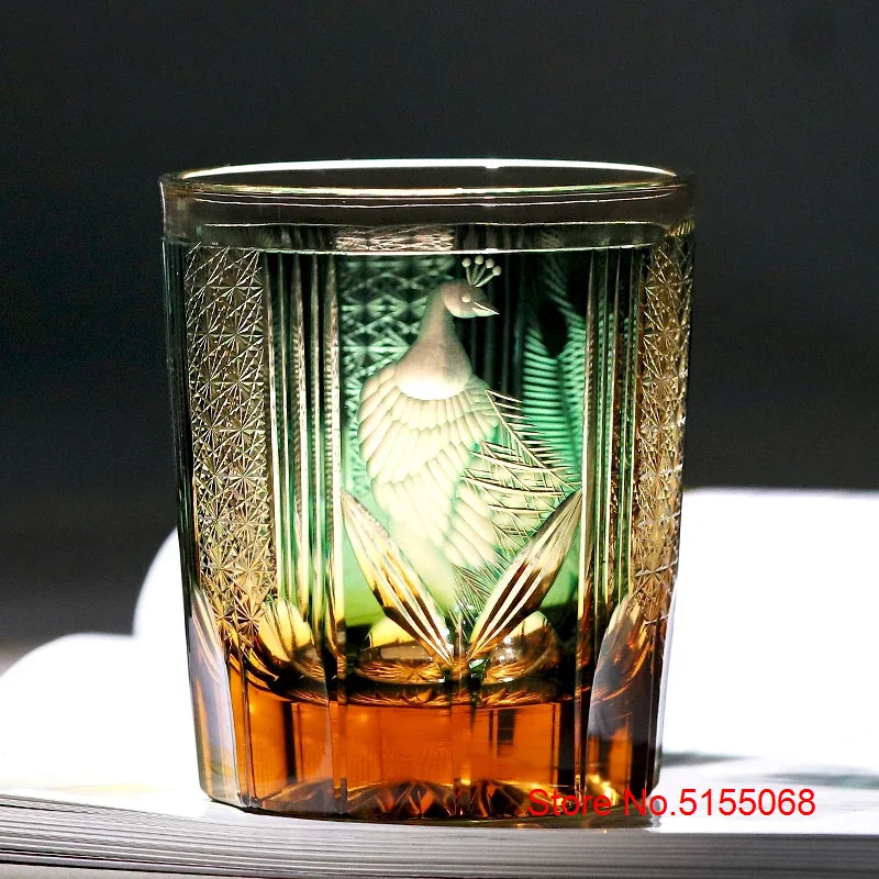 Verre Whisky Luxe Edo Kiriko Cristal Paon Vert Bleu 270 ml — Fabrication Artisanale – | Studio Nichijo Paris